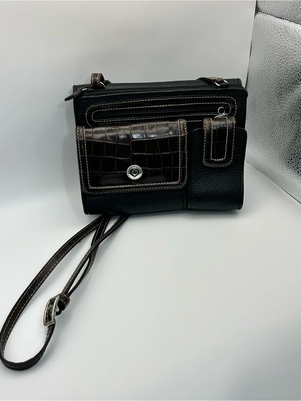 Brighton Vintage Pebble Leather Crossbody Purse Two-tone Black Brown Organizer - Picture 4 of 16